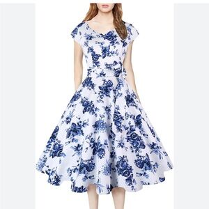 Kingfancy Women’s Blue/white Floral Large Zipper Up Dress  Fit &